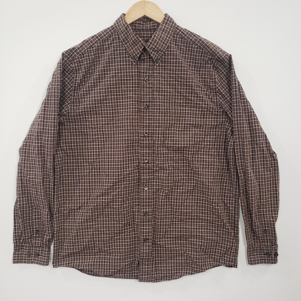 Eddie Bauer Plaid Button Down Mens‎ Large Tall Brown Long Sleeve Cotton Gorpcore